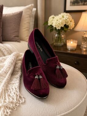 Simply Be Burgundy Velvet Tassel Loafers Rhinestone Accent Wide Fit Women's 7W